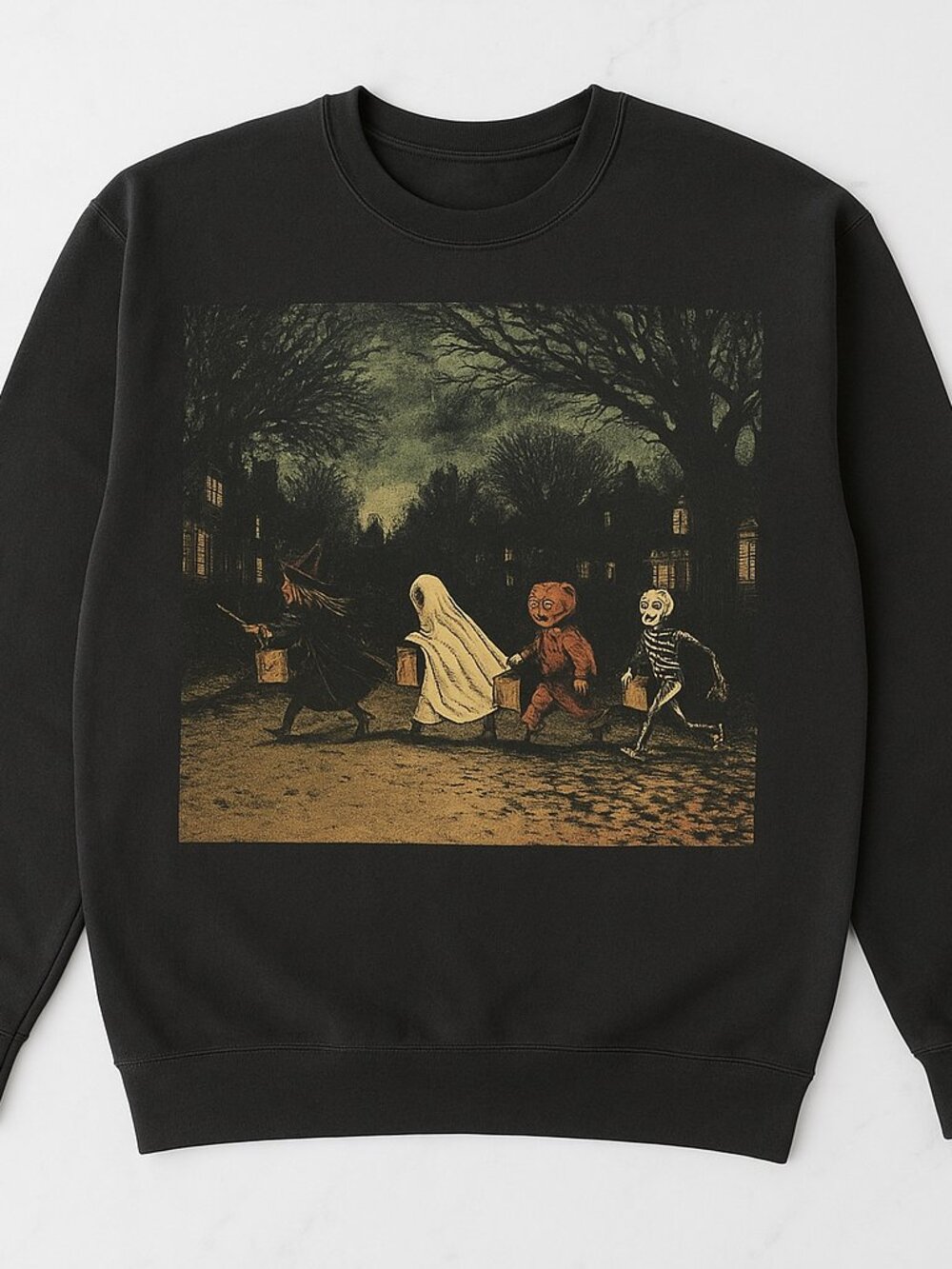 Vintage Trick or Treat Halloween Sweatshirt Black Crewneck Ghost Witch Skeleton